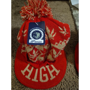 Visor Pom Pom Red Beanie With Star Design Hat Cap NWT